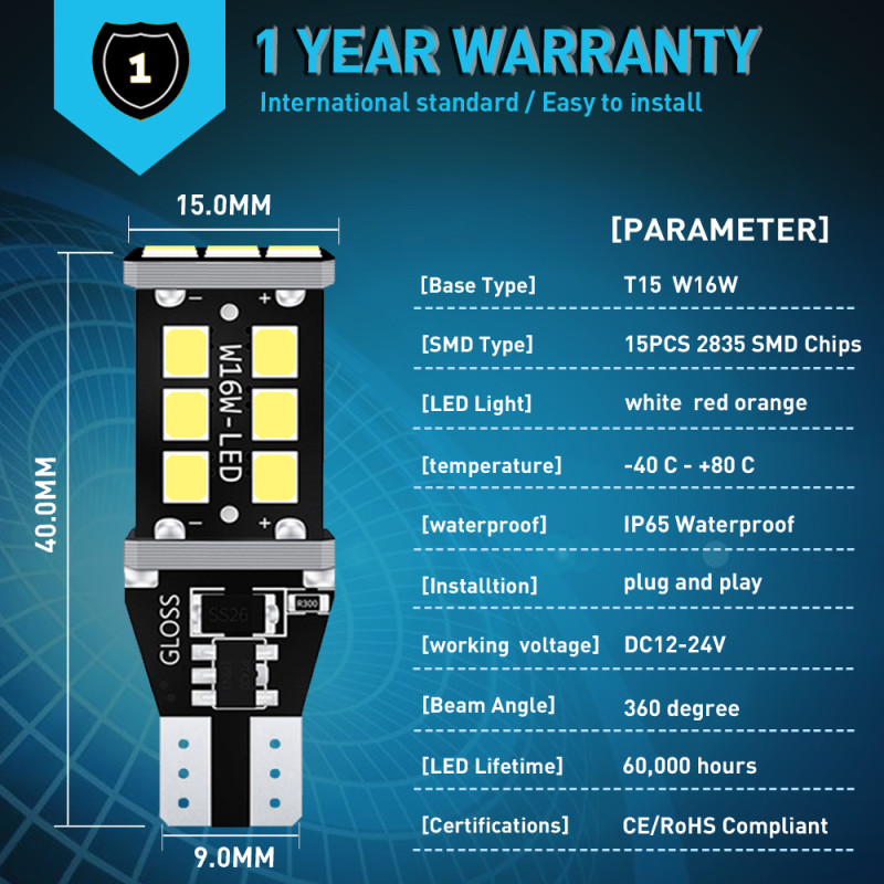 Space Canbuslı Led Ampul Beyaz T15-15 SMD 2'li Set 12V Space Canbuslı Led Ampul Beyaz T15-15 SMD 2'li Set 12V